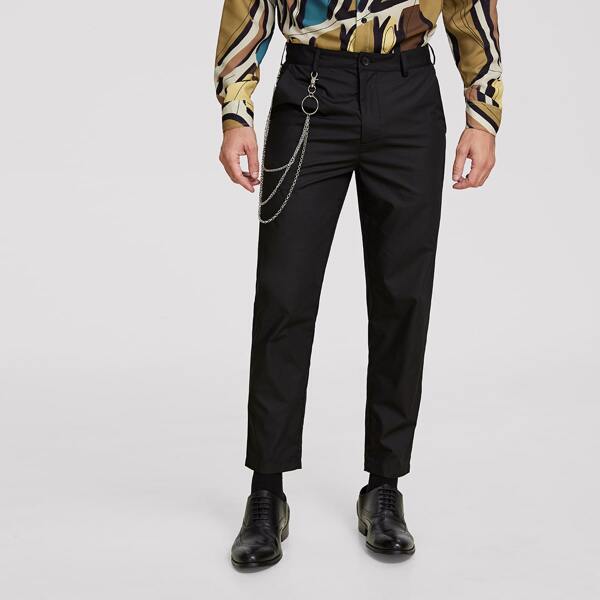 

Men Slant Pocket Tailored Pants With Chain, Black