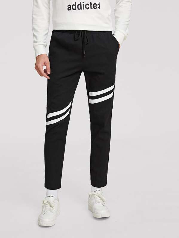 

Men Drawstring Waist Slant Pocket Striped Pants, Black, JOAO
