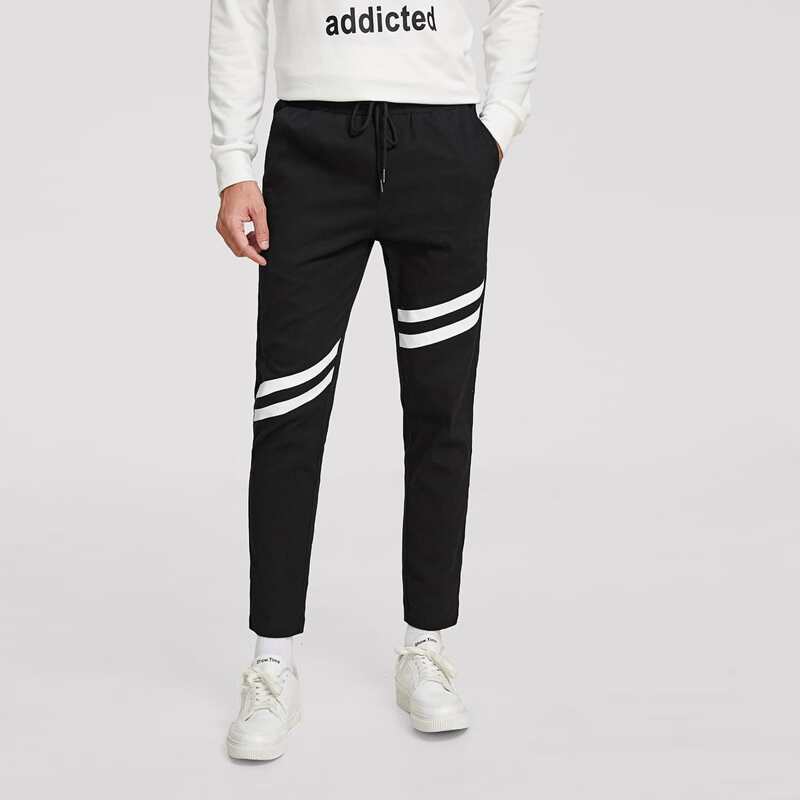 

Guys Drawstring Waist Slant Pocket Striped Pants, Black