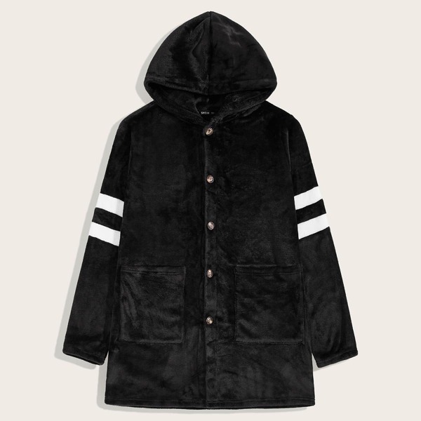 

Men Striped Sleeve Pocket Front Button Up Fleece Coat, Black