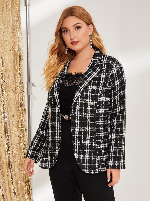 

Plus Plaid Double Button Tweed Blazer, Black and white, Nora