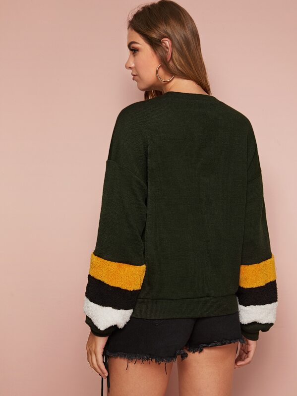 

Drop Shoulder Contrast Teddy Panel Pullover, Army green, Luiza