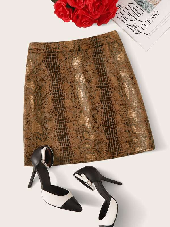 

Zipper Side Crocodile Print Skirt, Multicolor