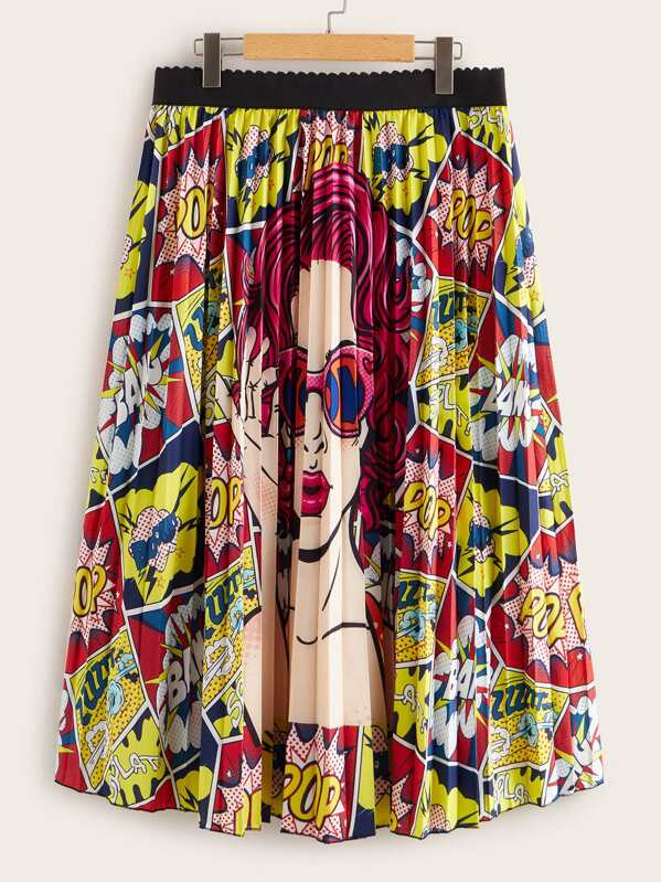

Plus Comic Print Contrast Waistband Pleated Skirt, Multicolor