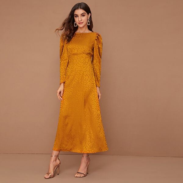 

Graphic Pattern Puff Sleeve V Back Satin Dress, Yellow