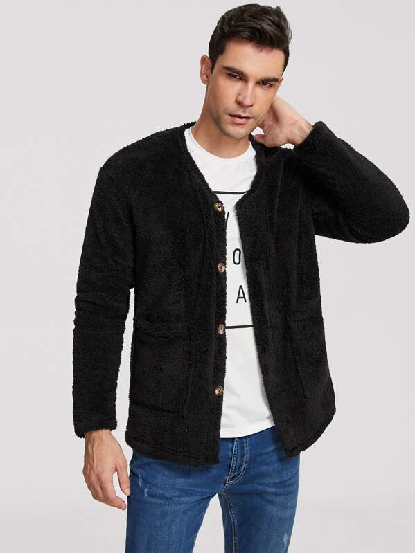 

Men Pocket Front Single Breasted Fleece Jacket, Black, JOAO