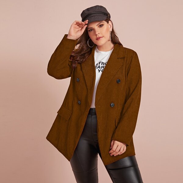 

Plus Solid Double Button Corduroy Blazer, Brown