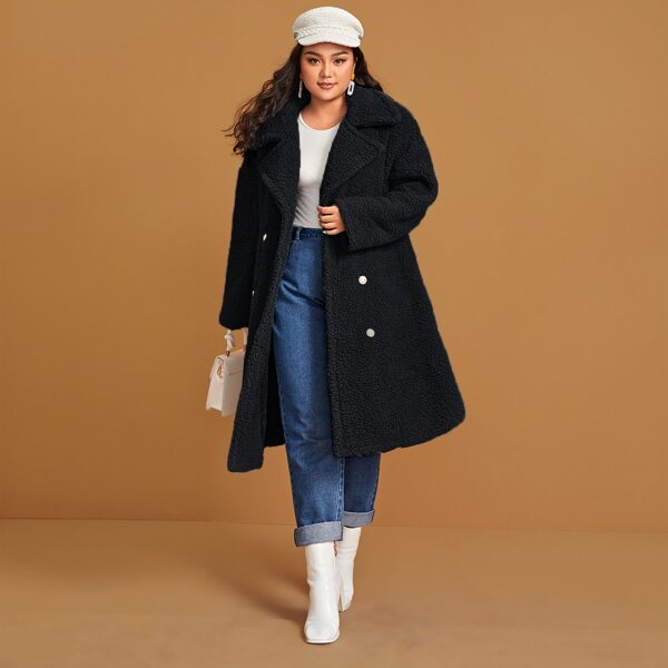 

Plus Notch Collar Double Breasted Teddy Coat, Black