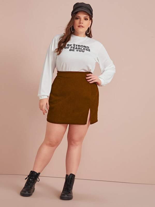 

Plus Solid Split Hem Corduroy Skirt, Brown, Ella