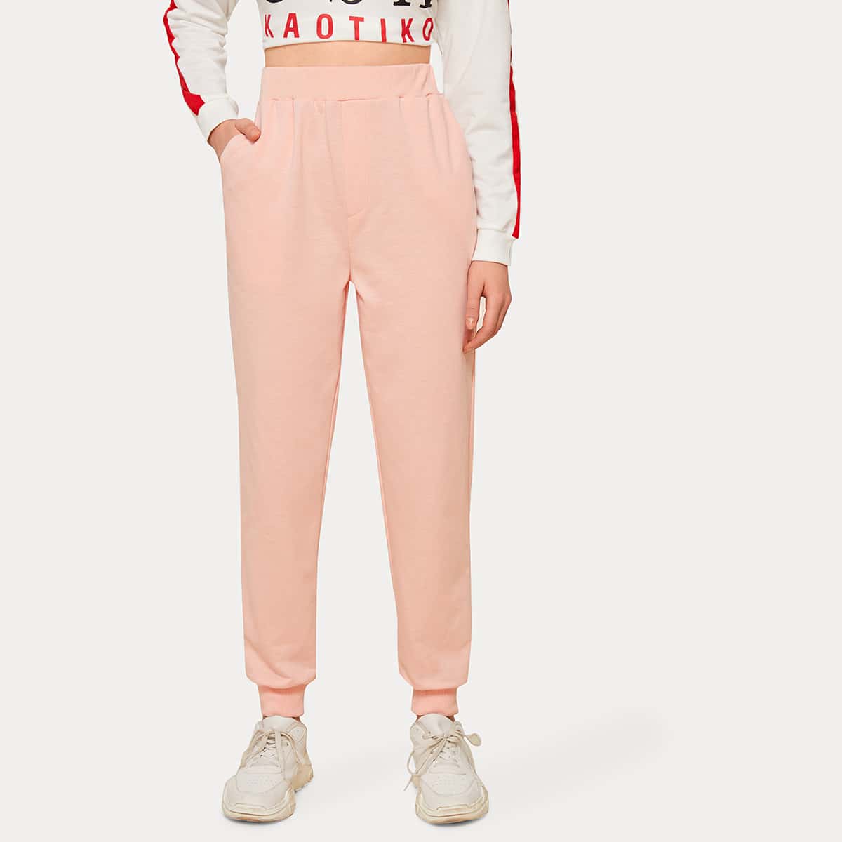 

Pocket Side Elastic Waist Sweatpants, Pink