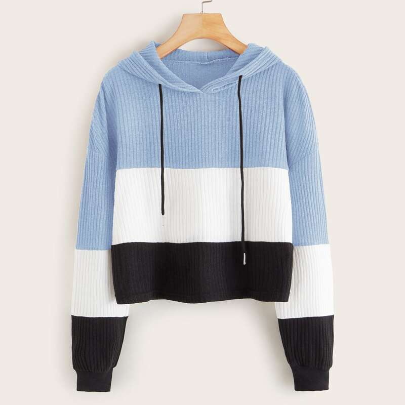 

Block Striped Ribbed Drawstring Hoodie, Multicolor