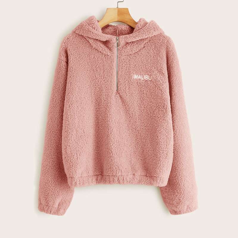 

Letter Embroidered Pink Teddy Hoodie