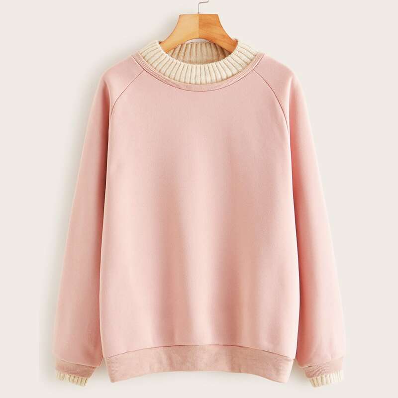 

Contrast Collar Raglan Sleeve Sweatshirt, Pink