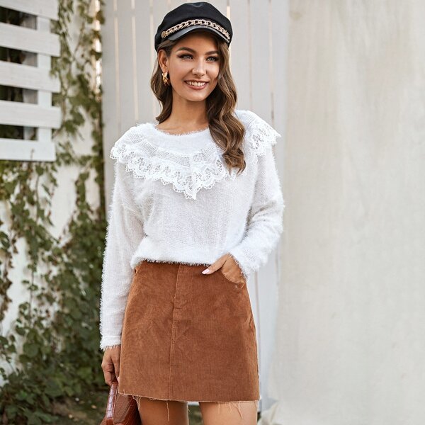 

Solid Lace Detail Fuzzy Knit Sweater, White