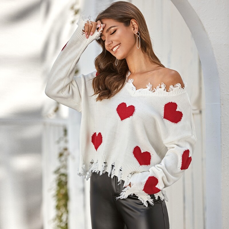 

Raw Hem Heart Knit Drop Shoulder Sweater, White