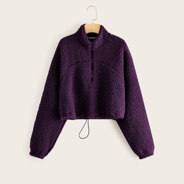 

Zip Half Placket Drawstring Hem Teddy Pullover, Purple