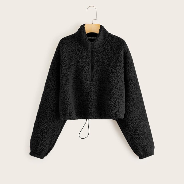 

Zip Half Placket Drawstring Hem Teddy Pullover, Black