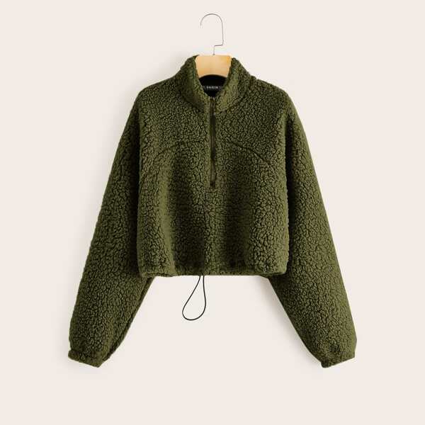 

Zip Half Placket Teddy Sweatshirt, Army green