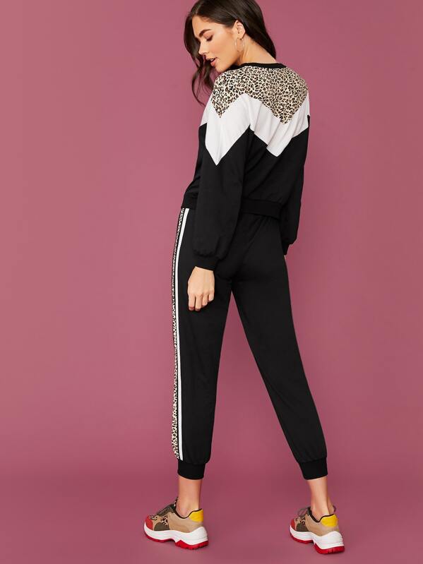 

Leopard Print Chevron Colorblock Pullover & Striped Side Joggers Set, Black, Aarika Wolf