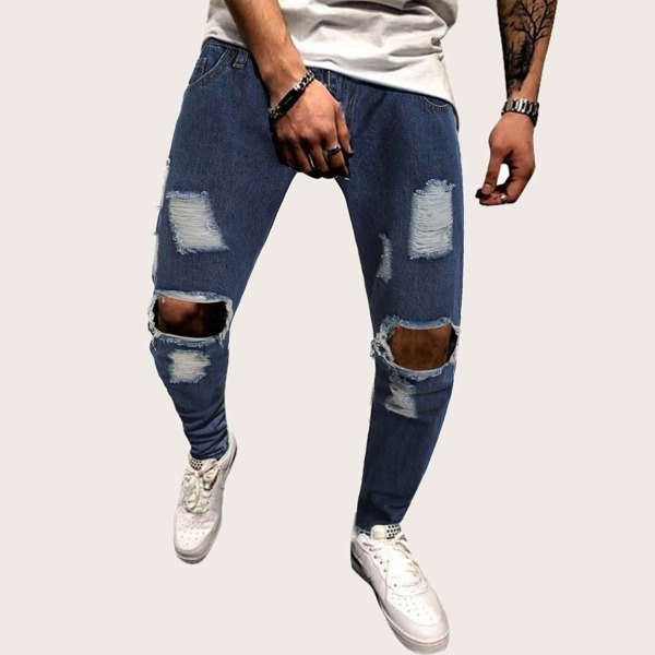 

Men Button Fly Ripped Jeans, Navy