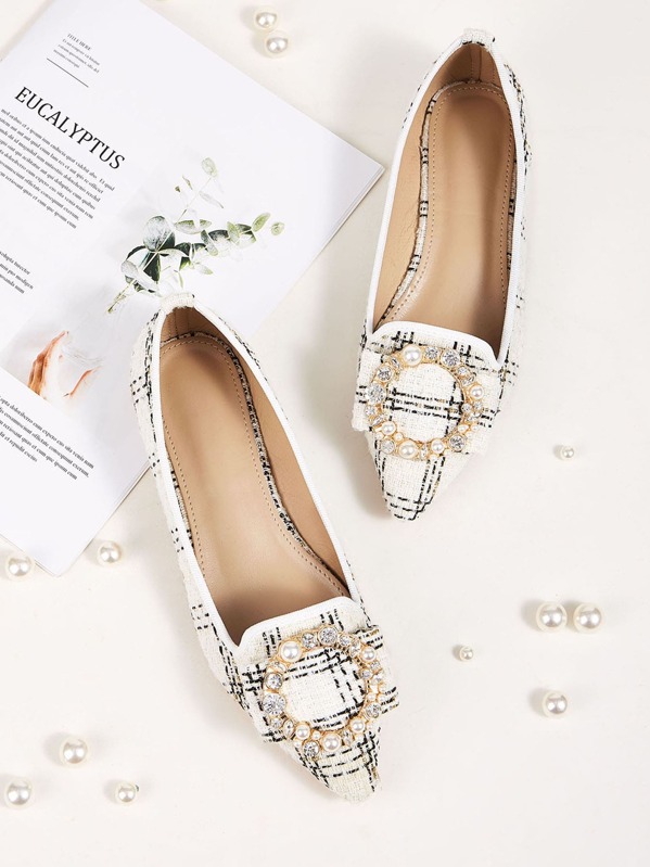 

Pearl & Rhinestone Decor Point Toe Flats, White
