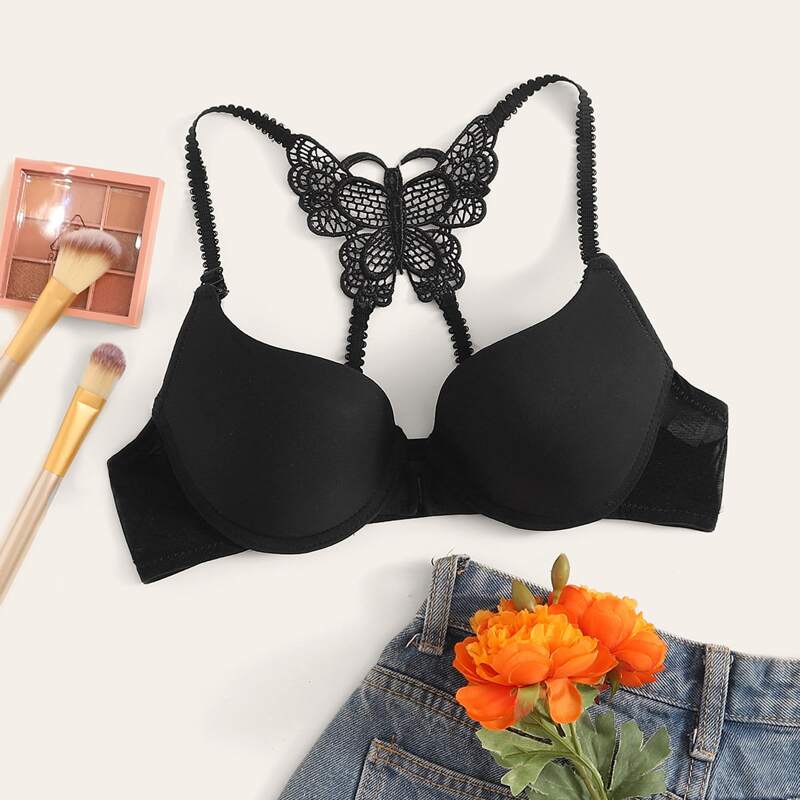 

Contrast Mesh Underwire Bra, Black