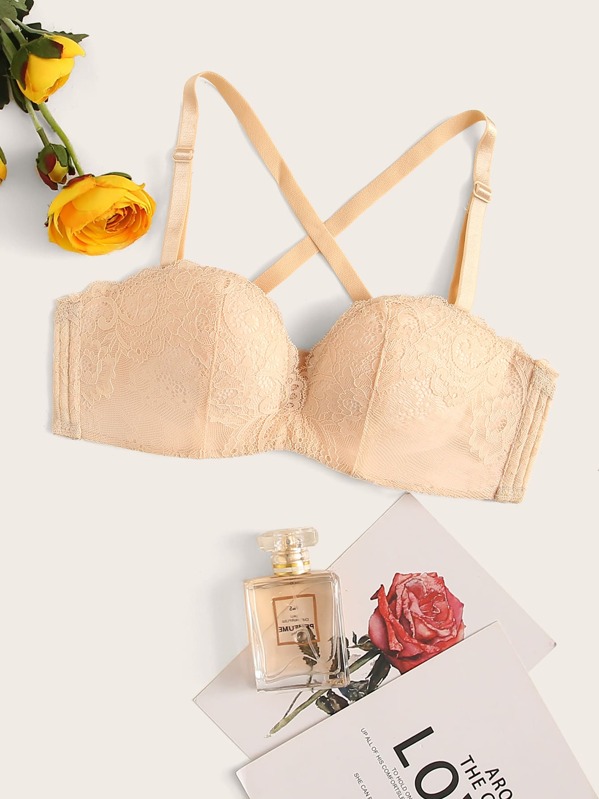 Floral Lace Criss Cross Bra, Nude
