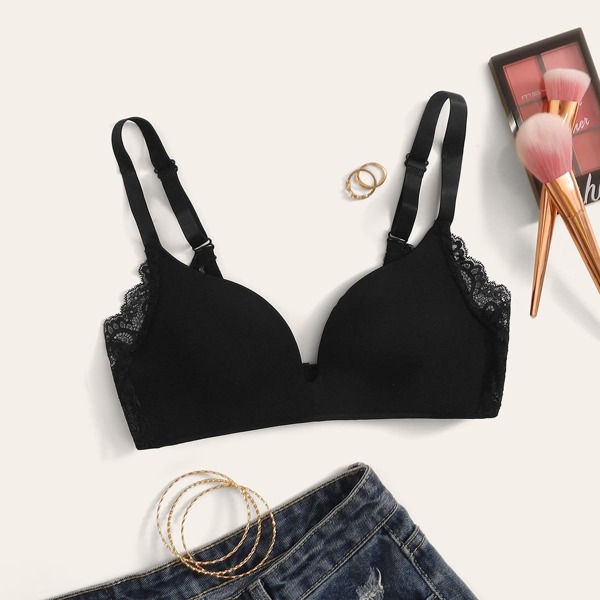 

Contrast Lace Adjustable Strap Bra, Black