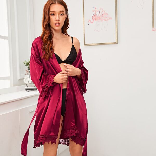 

Lace Trim Satin Belted Robe, Burgundy