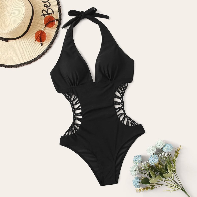 

Criss Cross Halter One Piece Swimsuit, Black