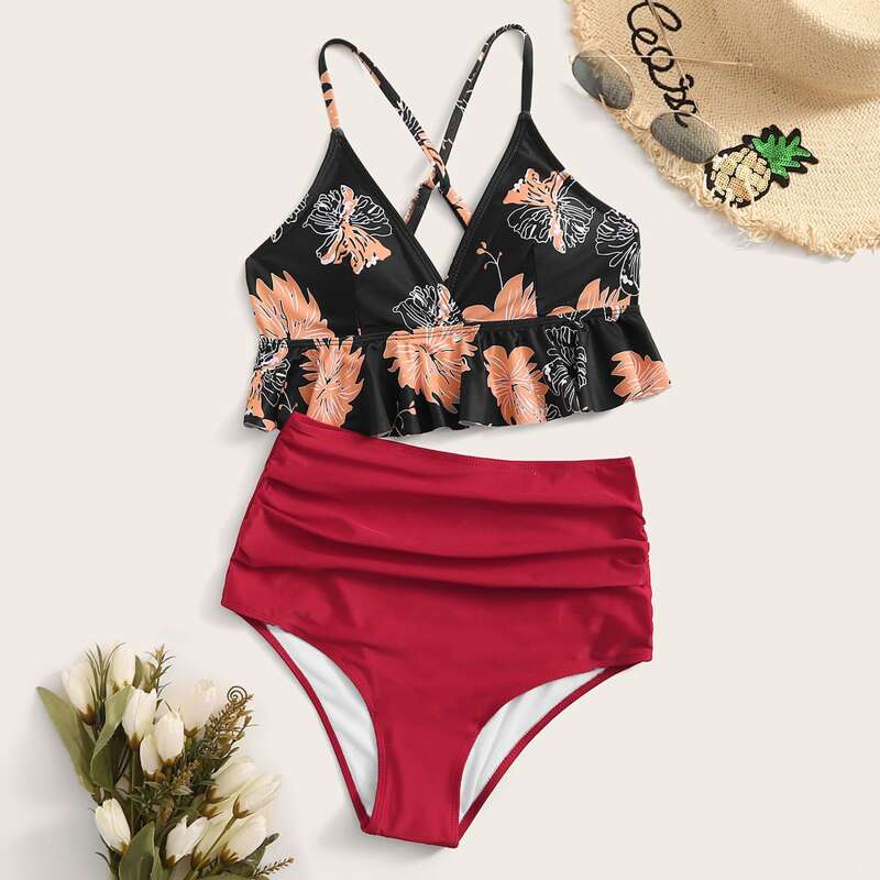 

Floral Random Print Top With High Waist Bikini Set, Multicolor