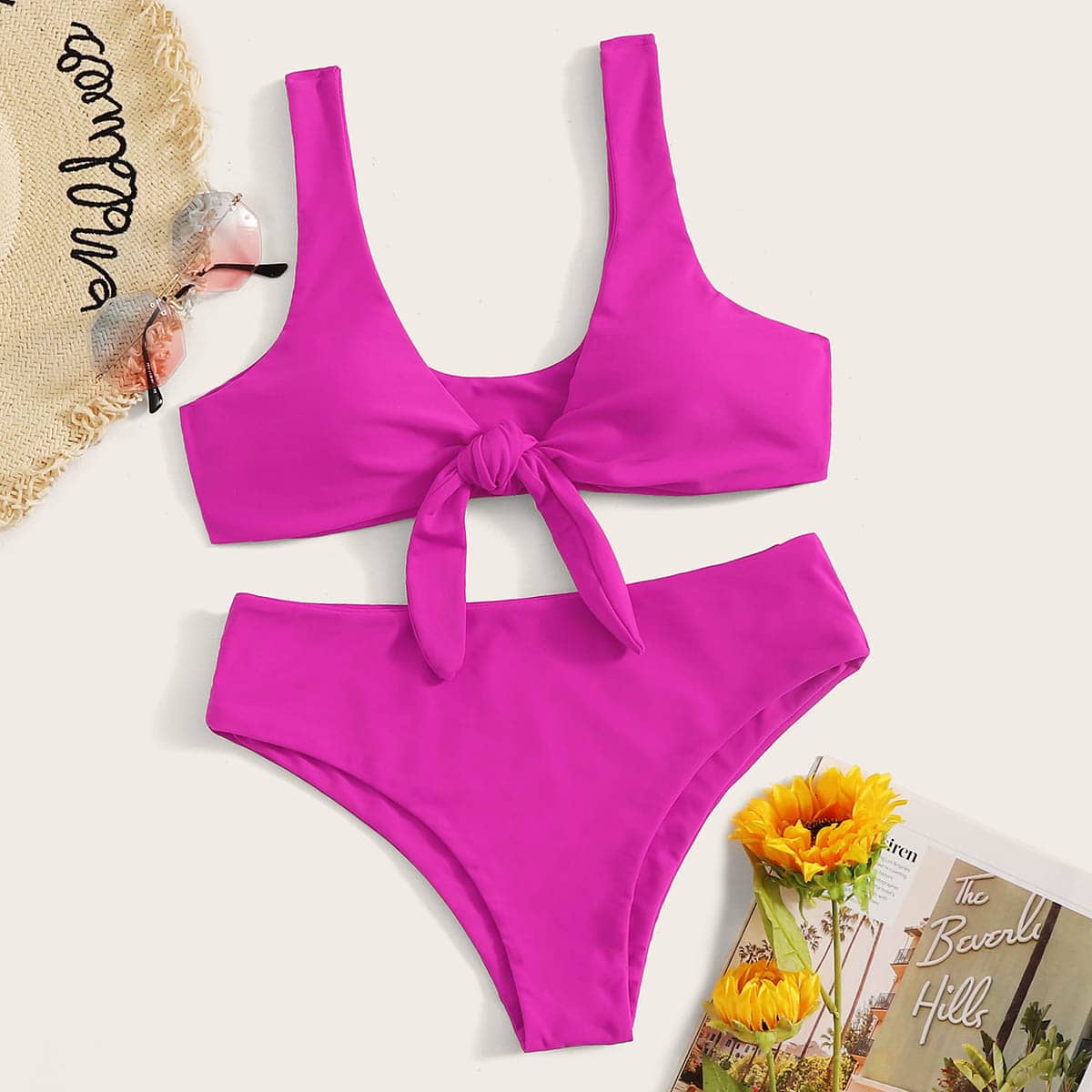 

Neon Pink Knot Front Bikini Set, Pink bright