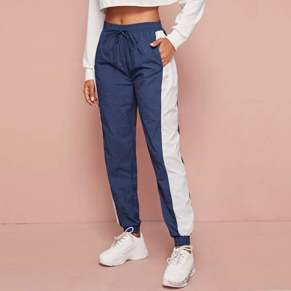 

Contrast Panel Drawstring Waist Windbreaker Joggers, Navy