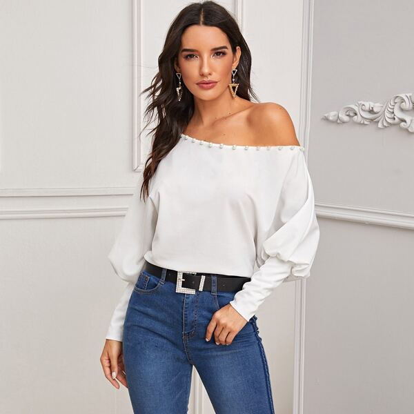 

Pearl Embellished Gigot Sleeve Pullover, White