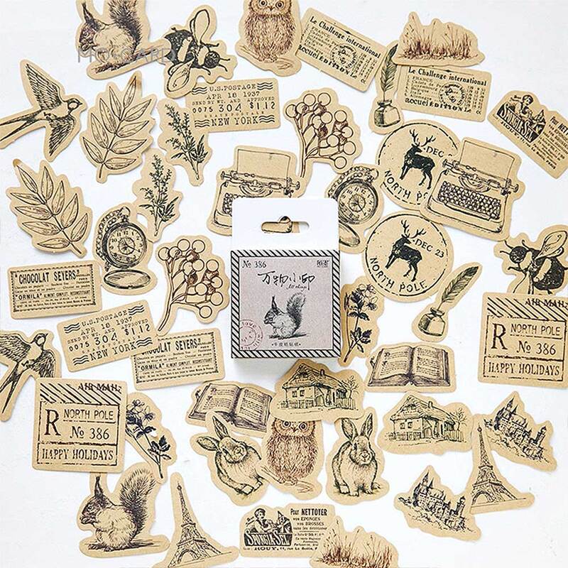 

46pcs Vintage Plant & Animal Print Sticker, Khaki