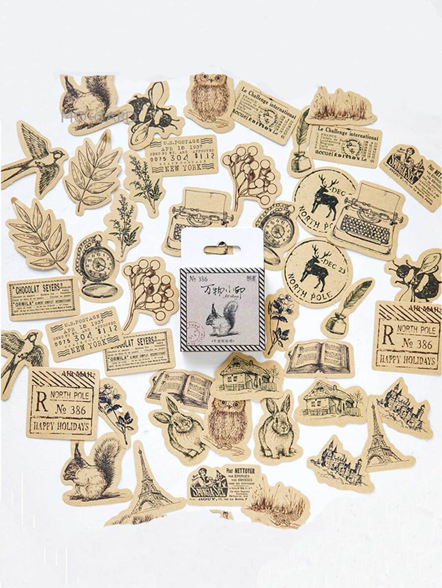 46pcs Vintage Plant & Animal Print Sticker - Khaki - View 1