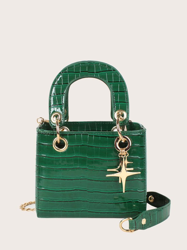

Metal Decor Croc Embossed Satchel Bag, Green