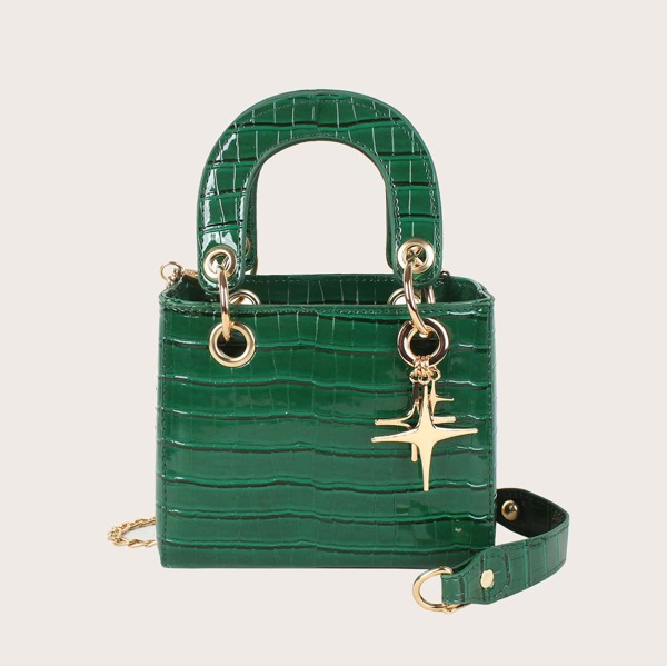 

Metal Decor Croc Embossed Satchel Bag, Green