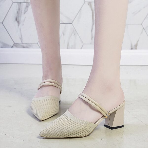 

Point Toe Knit Twin Strap Chunky Heels, Beige