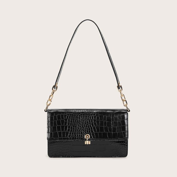 

Croc Embossed Baguette Bag, Black