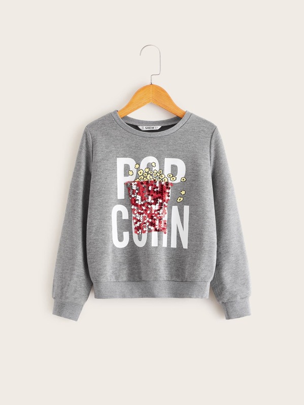 

Girls Letter Graphic Sequin Detail Pullover, Grey