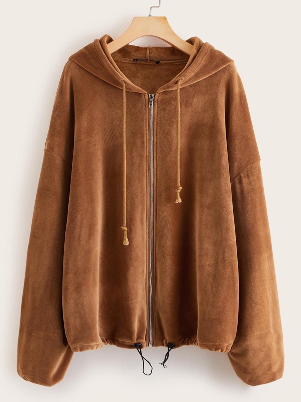 

Drawstring Detail Bishop Sleeve Fleece Hooded Coat, Brown, Juliana