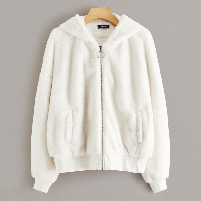 

Drop Shoulder Zipper Up Faux Fur Hoodie Jacket, White