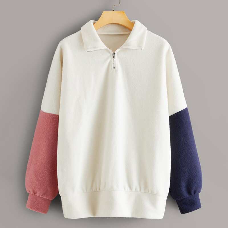 

Drop Shoulder Colorblock Half Zipper Hoodie, Beige pastel