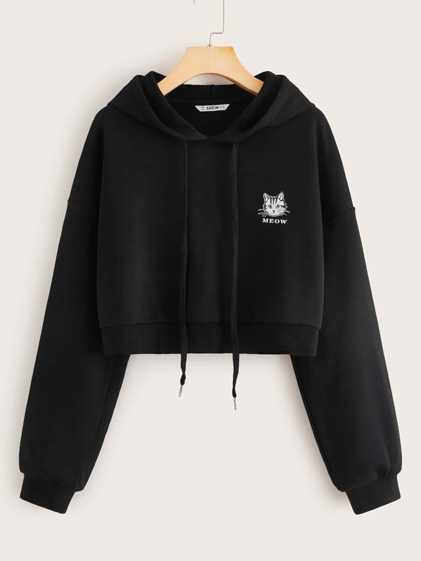 

Drawstring Detail Cat Print Hoodie, Black, Juliana
