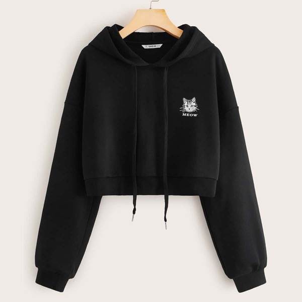 

Drawstring Detail Cat Print Hoodie, Black
