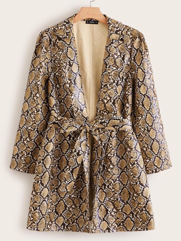 

Plus Snakeskin Print PU Leather Belted Coat, Multicolor