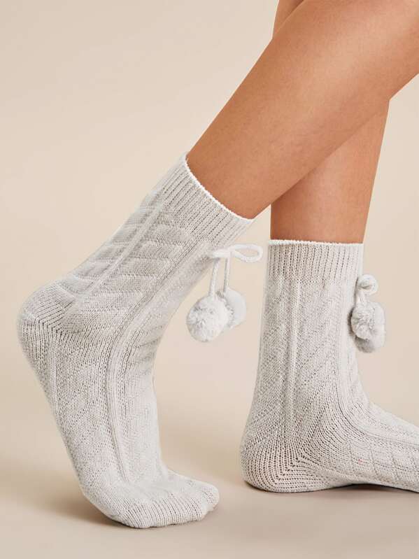 

1pair Pom Pom Decor Braided Socks, Grey