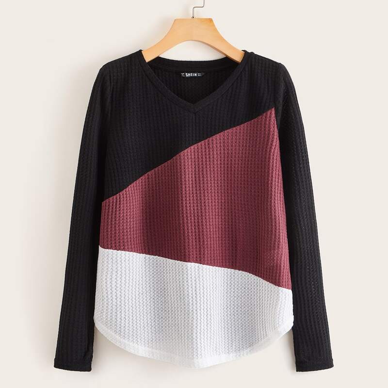 

Color Block Curved Hem Waffle Knit Tee, Multicolor