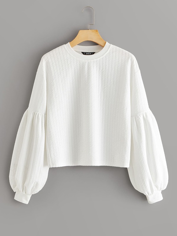 

Lantern Sleeve Rib-knit Top, White, Marina Laswick
